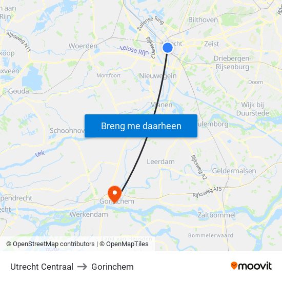 Utrecht Centraal to Gorinchem map
