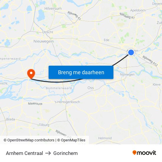 Arnhem Centraal to Gorinchem map