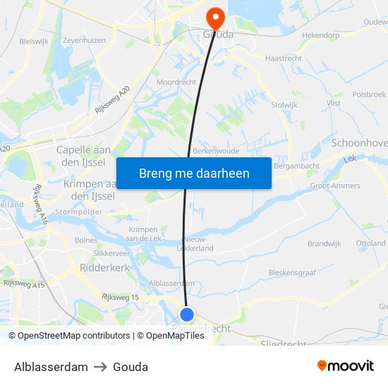 Alblasserdam to Gouda map