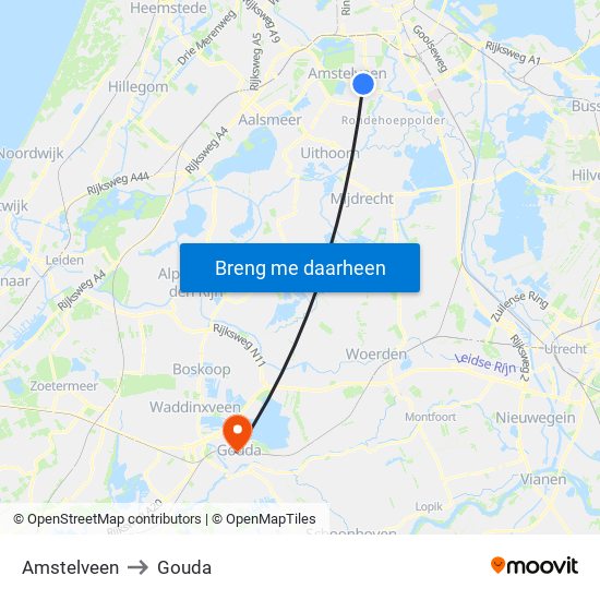 Amstelveen to Gouda map