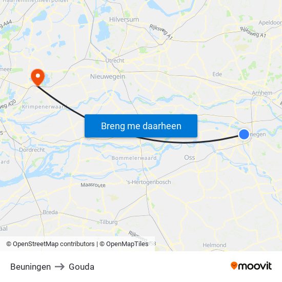 Beuningen to Gouda map