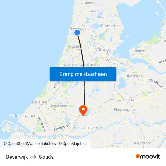 Beverwijk to Gouda map