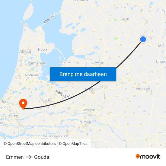 Emmen to Gouda map