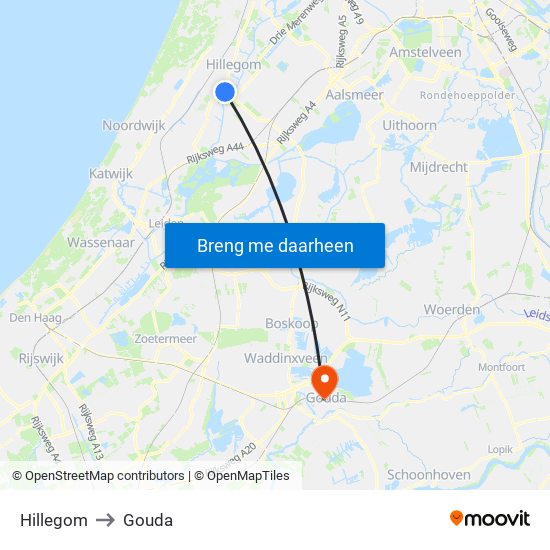 Hillegom to Gouda map
