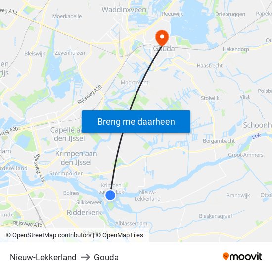 Nieuw-Lekkerland to Gouda map