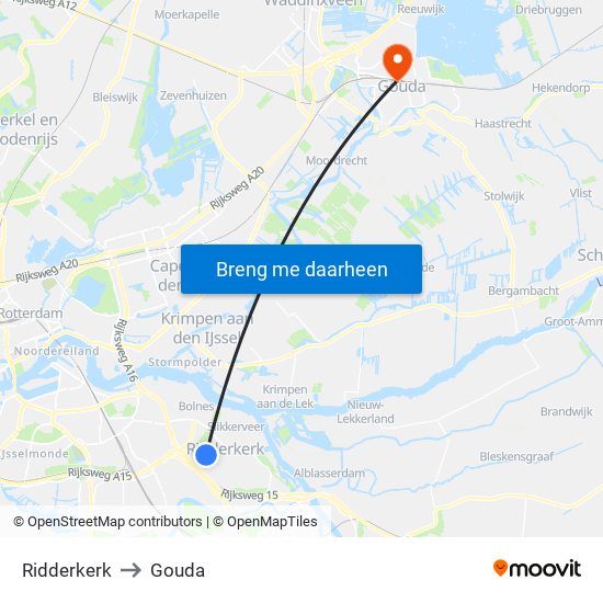 Ridderkerk to Gouda map
