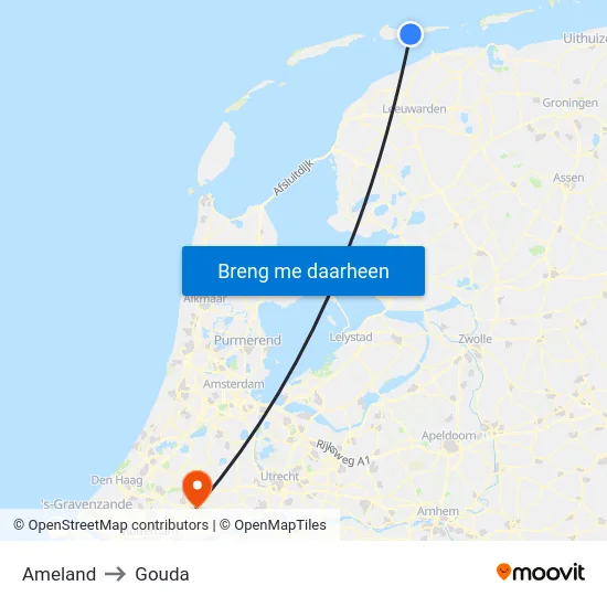 Ameland to Gouda map