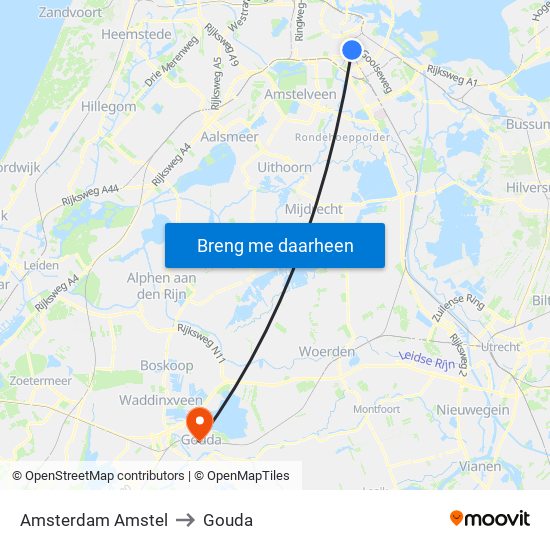 Amsterdam Amstel to Gouda map