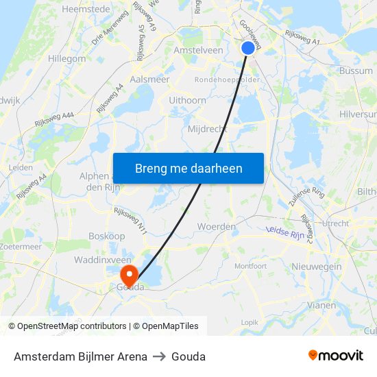 Amsterdam Bijlmer Arena to Gouda map