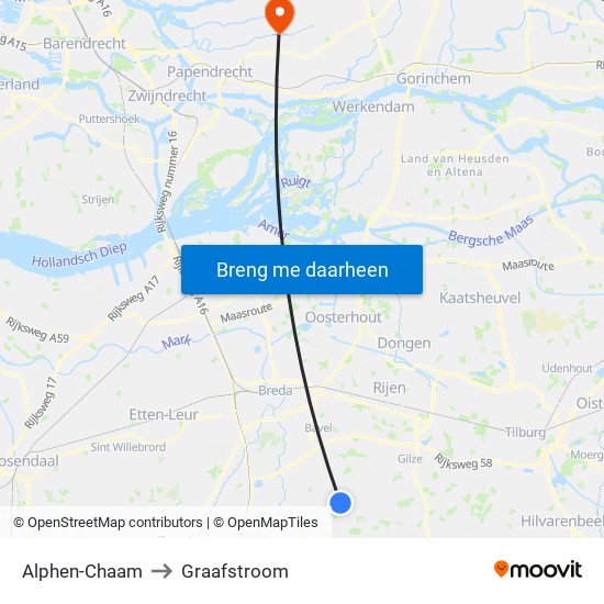 Alphen-Chaam to Graafstroom map