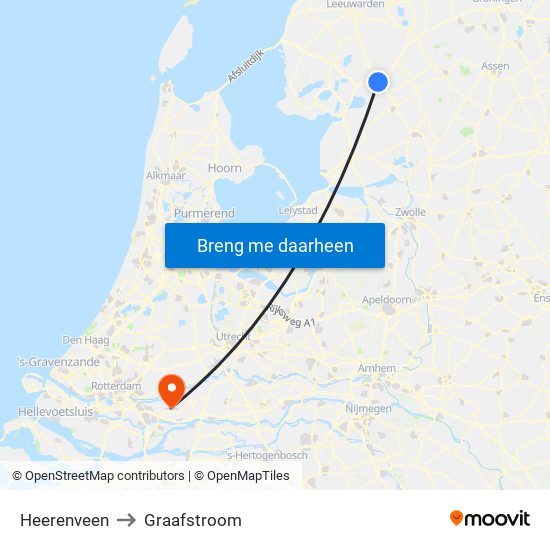 Heerenveen to Graafstroom map