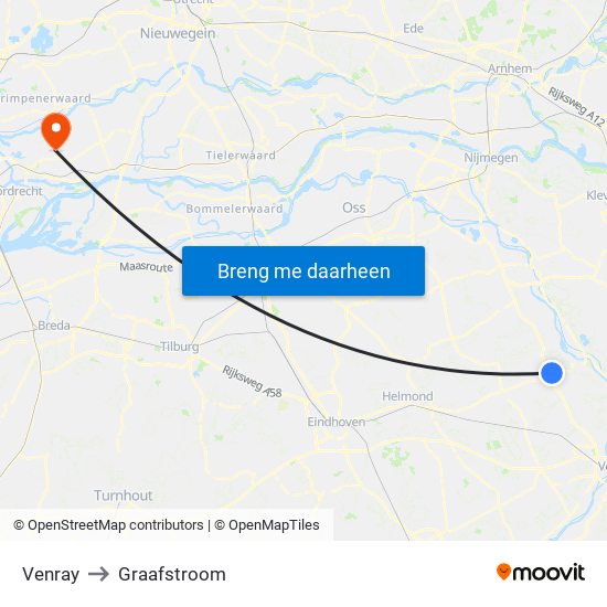 Venray to Graafstroom map