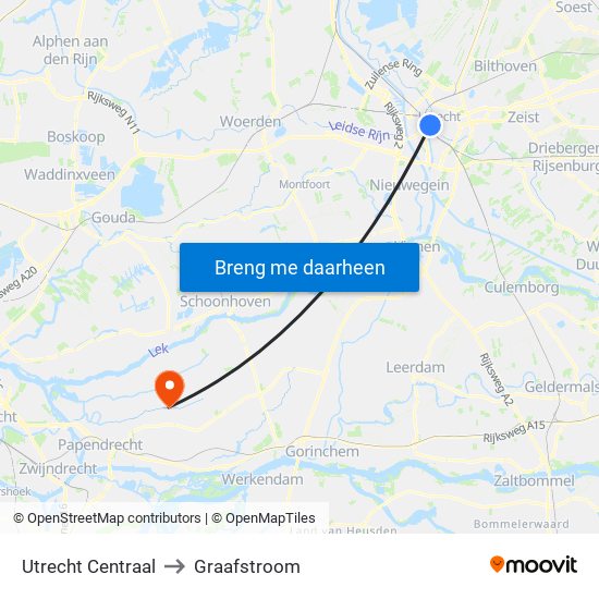 Utrecht Centraal to Graafstroom map
