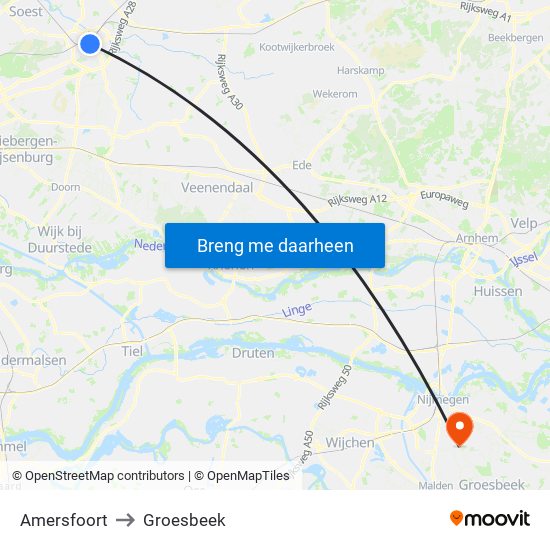 Amersfoort to Groesbeek map