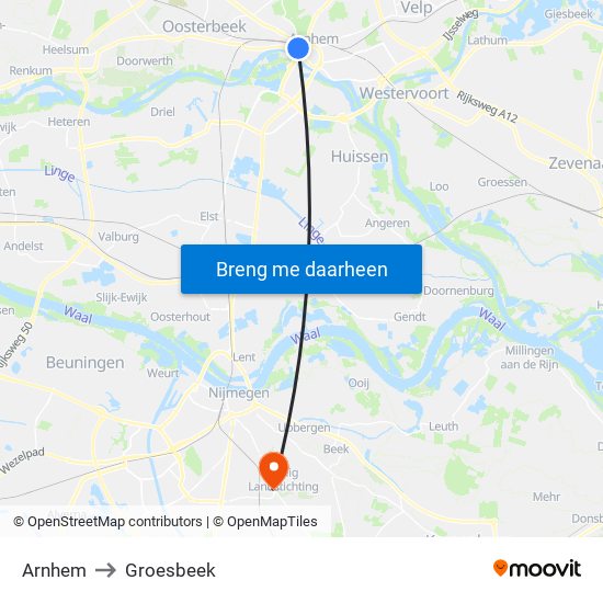 Arnhem to Groesbeek map