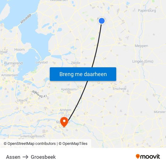 Assen to Groesbeek map