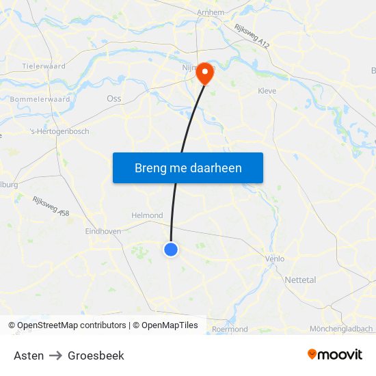 Asten to Groesbeek map