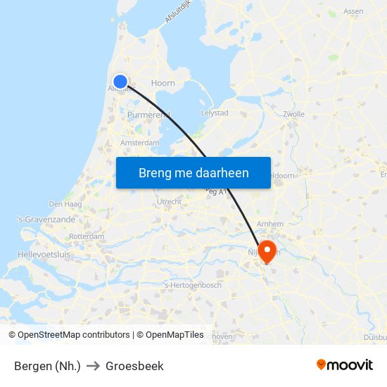 Bergen (Nh.) to Groesbeek map