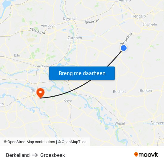 Berkelland to Groesbeek map