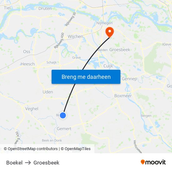 Boekel to Groesbeek map