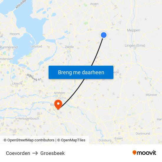 Coevorden to Groesbeek map