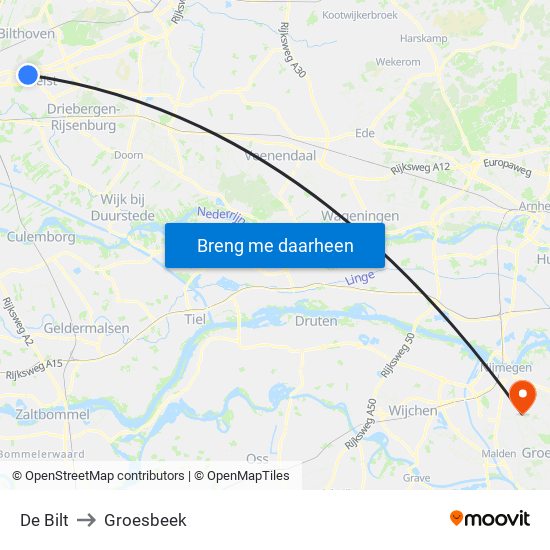 De Bilt to Groesbeek map