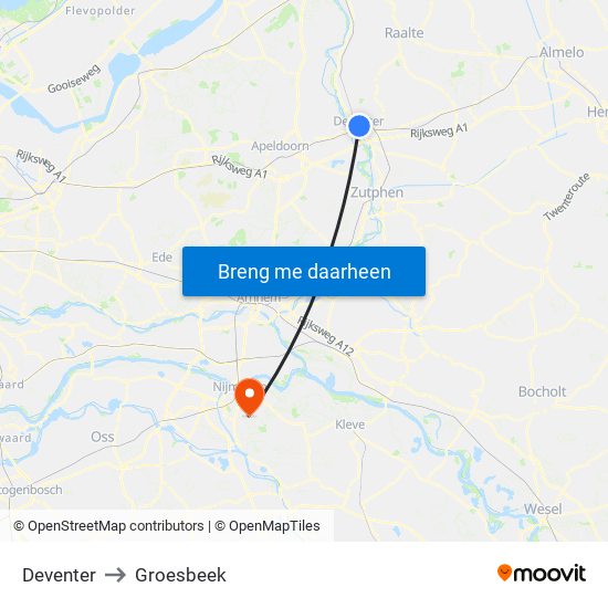 Deventer to Groesbeek map