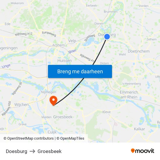 Doesburg to Groesbeek map