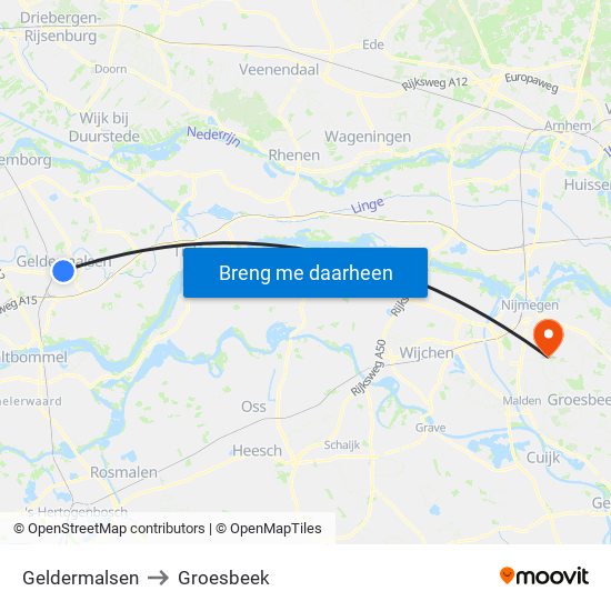 Geldermalsen to Groesbeek map