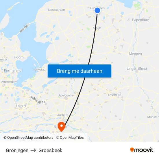 Groningen to Groesbeek map