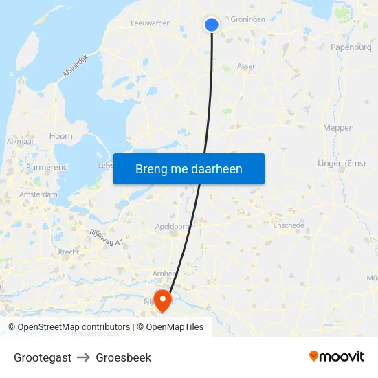 Grootegast to Groesbeek map