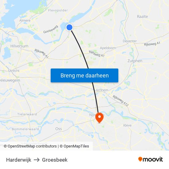 Harderwijk to Groesbeek map