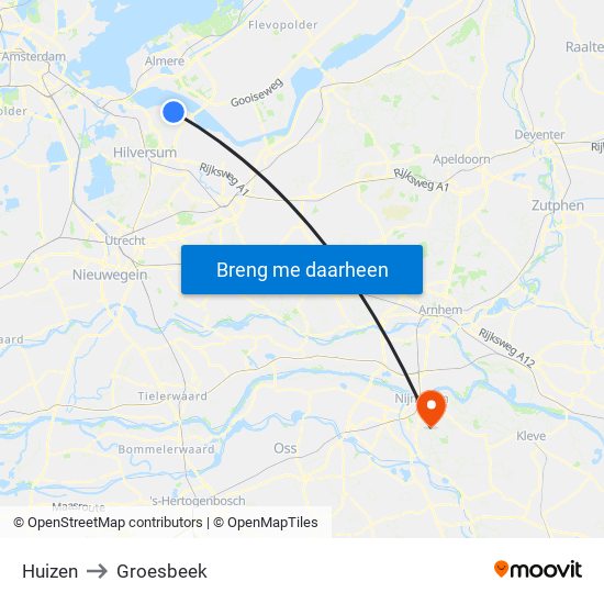 Huizen to Groesbeek map