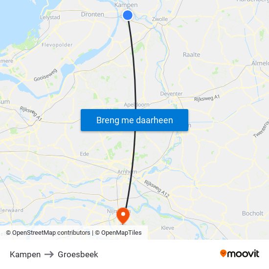 Kampen to Groesbeek map