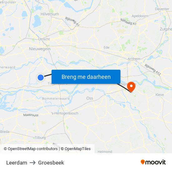 Leerdam to Groesbeek map