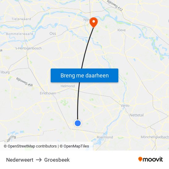 Nederweert to Groesbeek map