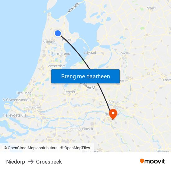 Niedorp to Groesbeek map
