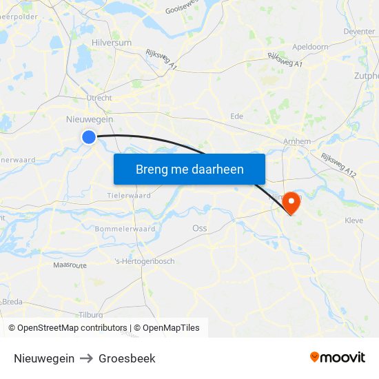 Nieuwegein to Groesbeek map