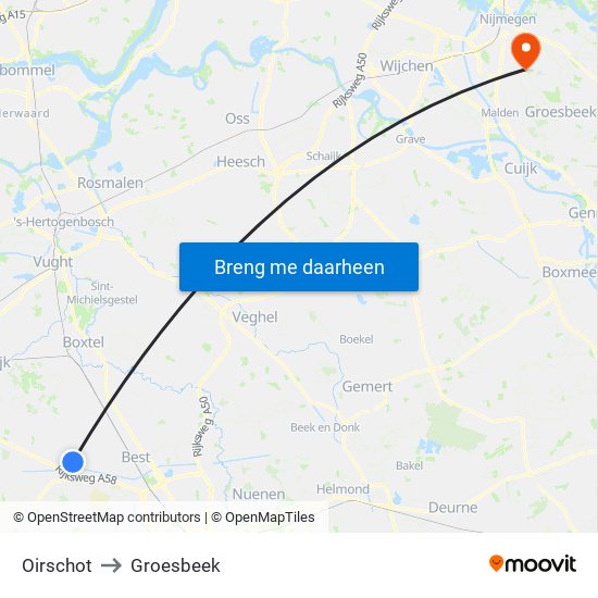 Oirschot to Groesbeek map