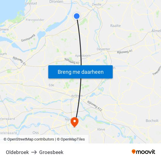 Oldebroek to Groesbeek map