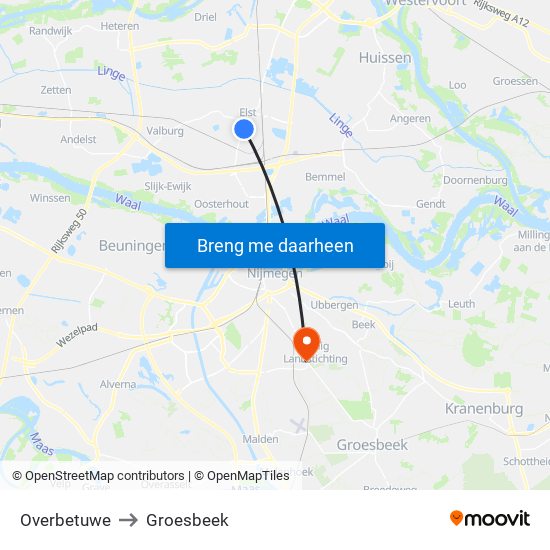 Overbetuwe to Groesbeek map