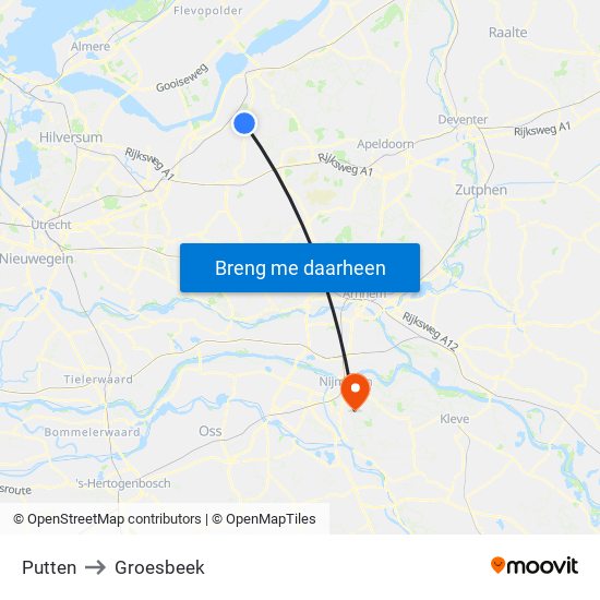 Putten to Groesbeek map