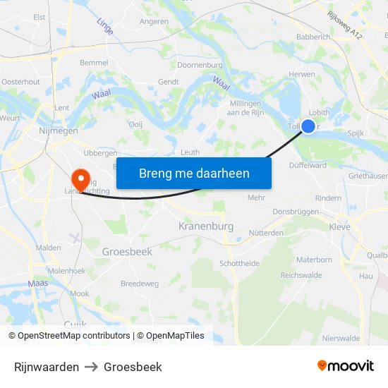 Rijnwaarden to Groesbeek map
