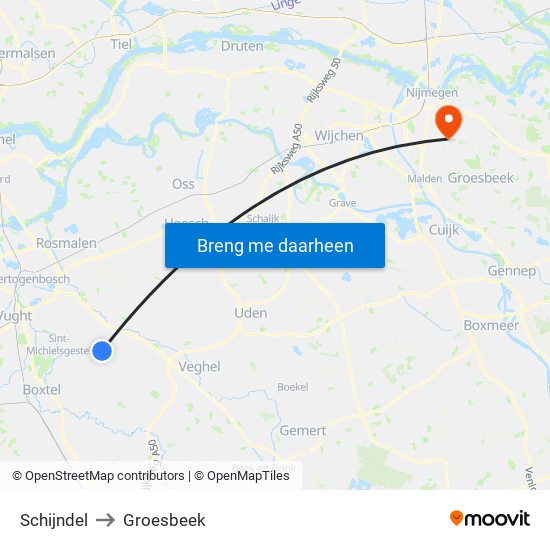 Schijndel to Groesbeek map