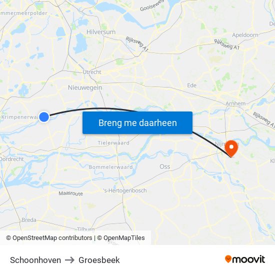 Schoonhoven to Groesbeek map