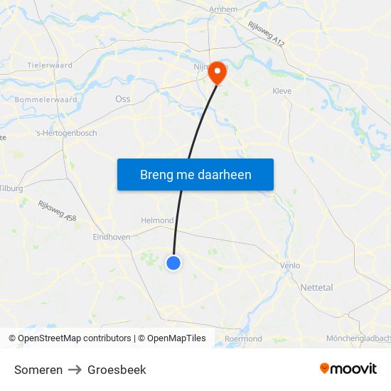 Someren to Groesbeek map