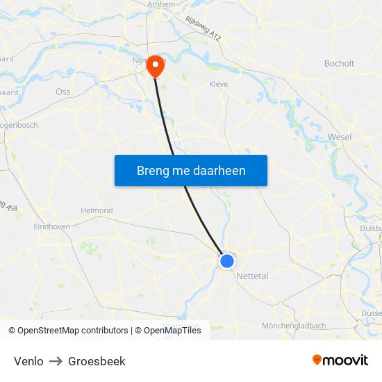 Venlo to Groesbeek map