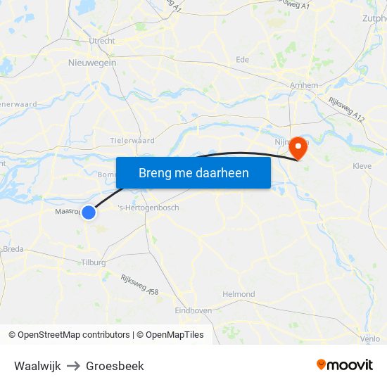 Waalwijk to Groesbeek map