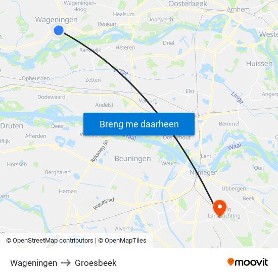 Wageningen to Groesbeek map