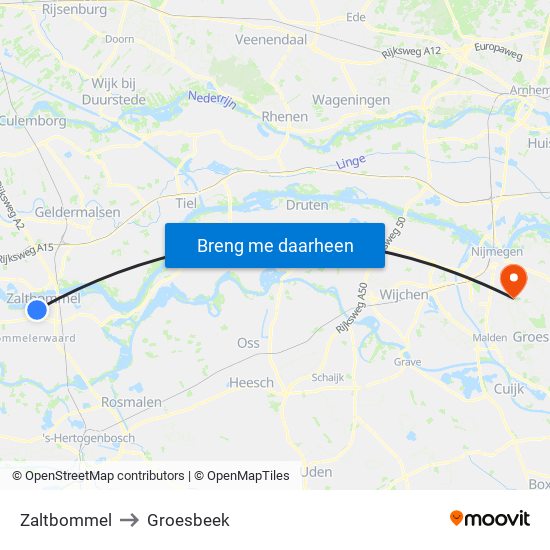 Zaltbommel to Groesbeek map